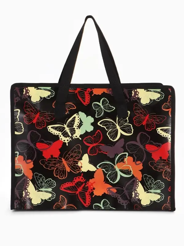 Сумка хозяйственная &laquo;Бабочки&raquo;, на молнии, 40&times;15&times;30 см, чёрная