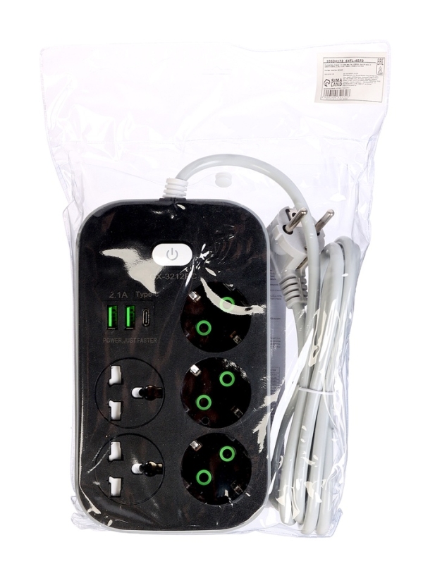 Удлинитель 3 евро + 2 унив.роз, 2м, 1300 Вт, 3х0.75 мм2, 2 USB-A+USB-C, 2.1А, c з/к, с выкл. 10534 Удлинитель 3 евро + 2 унив.роз, 2м, 1300 Вт, 3х0.75 мм2, 2 USB-A+USB-C, 2.1А, c з/к, с выкл. 10534