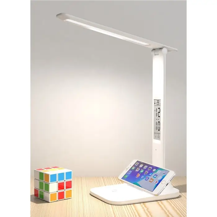 Лампа настольная светодиодная, часы, календарь, термометр, 3 режима, USB, 12&times;17&times;34 см, белая