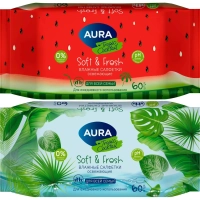 Салфетки влажные освежающие AURA TROPIC COCKTAIL в ассортименте 60шт