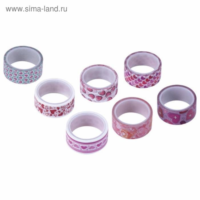 Клейкие WASHI-ленты для декора "СЕРДЦА", 15 мм х 3 м (набор 7 шт) рисовая бумага