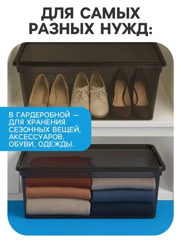 Ящик пластиковый для хранения, с крышкой, объём &mdash; 16 л, прозрачно-чёрный