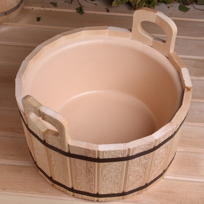 Шайка-таз из липы, 12 л, пластиковая вставка, Шайка-таз из липы, 12 л, пластиковая вставка, "Русский узор"