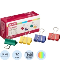 Зажимы для бумаг Attache, 32 мм, 12 шт., цветные, в карт.коробке