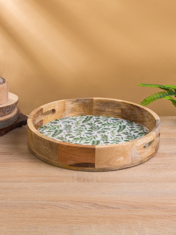 Поднос круглый с бортиками "Оливковая ветвь" дерево манго 35х35х6,5 см