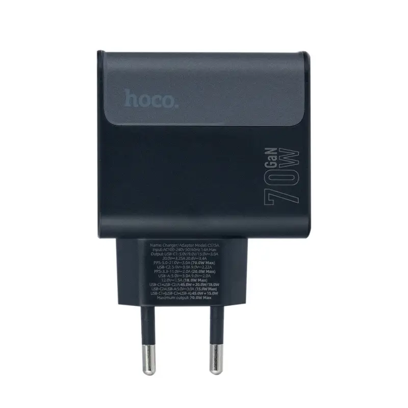 Переходник сетевого зарядного устройства на 2 Type-C PD70W + USB QC3.0 CS75A HOCO черный