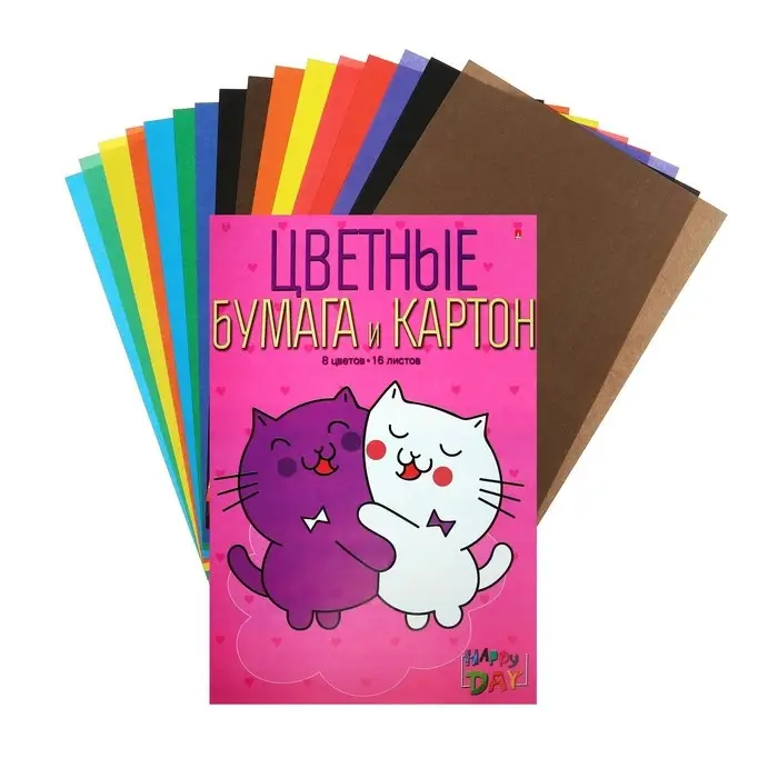 Набор для детского творчества А4, 8 листов картон цветной + 8 листов бумага цветная односторонняя,  Набор для детского творчества А4, 8 листов картон цветной + 8 листов бумага цветная односторонняя, "Мультики", блок 190г/м2, МИКС
