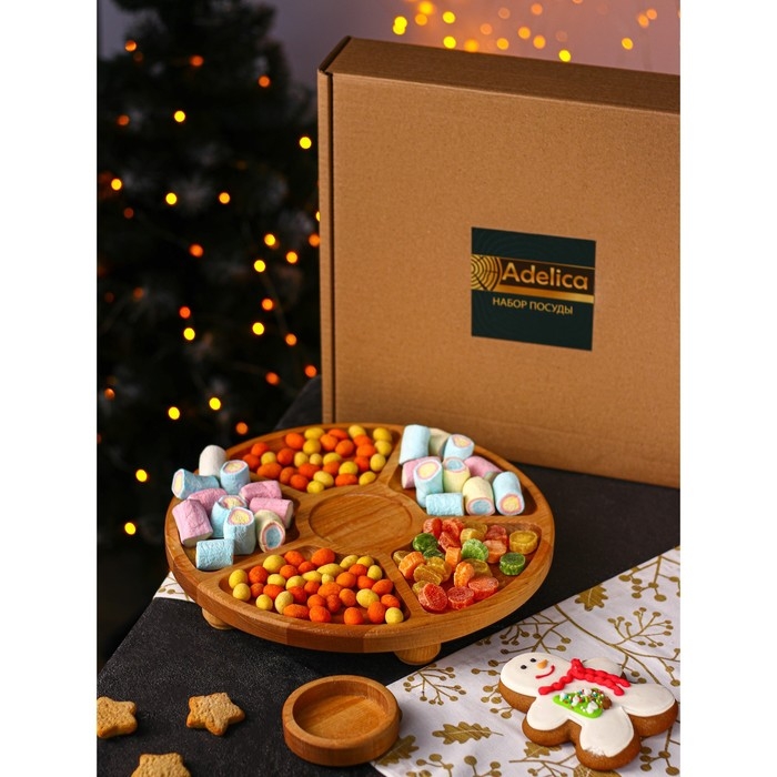 Подарочный набор деревянной посуды Adelica «Фортуна», менажница на ножках с соусницей, d=30 см, 70 мл, берёза Подарочный набор деревянной посуды Adelica «Фортуна», менажница на ножках с соусницей, d=30 см, 70 мл, берёза