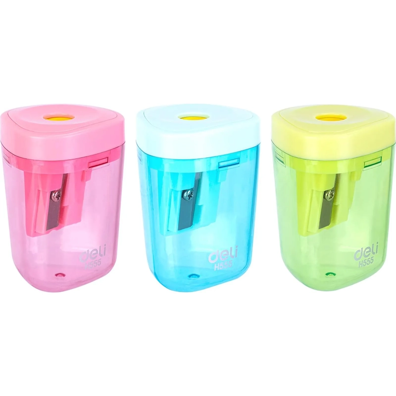 Точилка ручная Deli, 1 отв., контейнер, автомат. клапан, пластик, ассорти