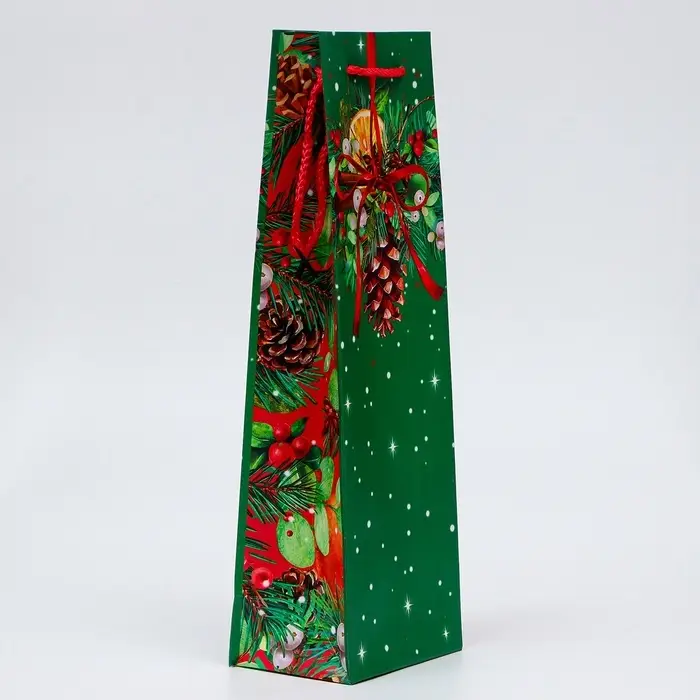 Пакет подарочный новогодний под бутылку, упаковка "Шишка", 12 х 36 х 8,5 см.