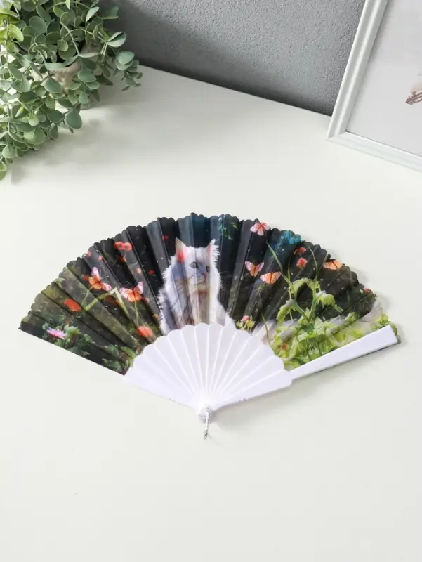 Веер пластик, текстиль Веер пластик, текстиль "Кошечки и цветы" МИКС широкие лопасти 23 см