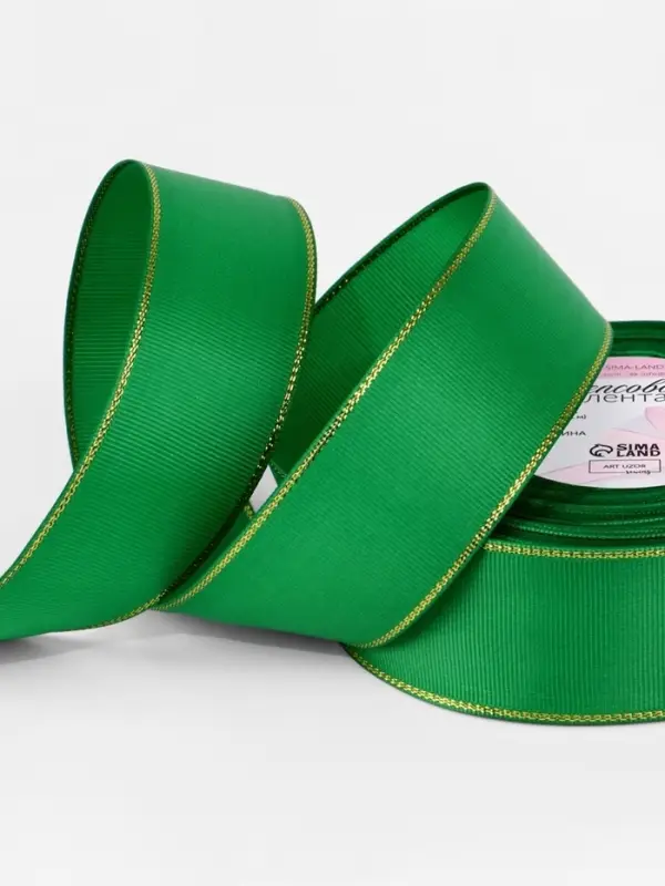 Лента репсовая, с золотым люрексом, 40 мм, 23&plusmn;1 м, зелёная №019