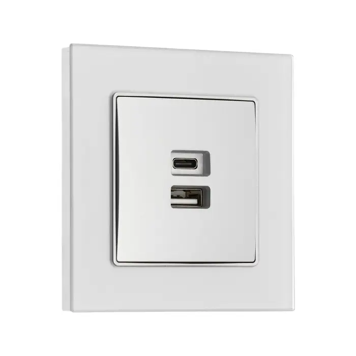 Розетка TOT Matte Glass, 5 В, 2.1 A, разъёмы USB-A + USB-C, стекло, скрытая, серебристая