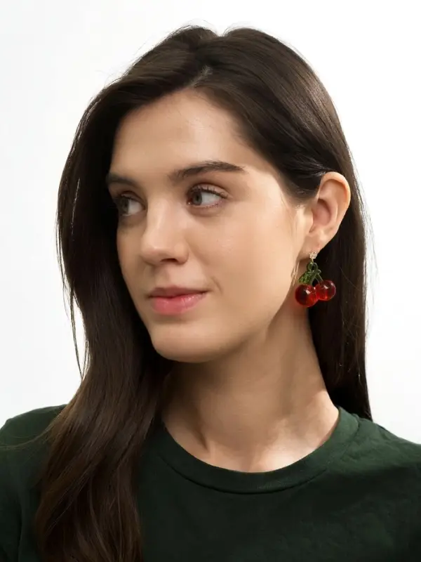 Серьги объёмные &laquo;Вишня&raquo;, красно-зелёные в золоте