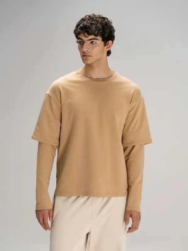 Футболка оверсайз с двойным рукавом Kosmos, бежевая, размер XS/S Футболка оверсайз с двойным рукавом Kosmos, бежевая, размер XS/S