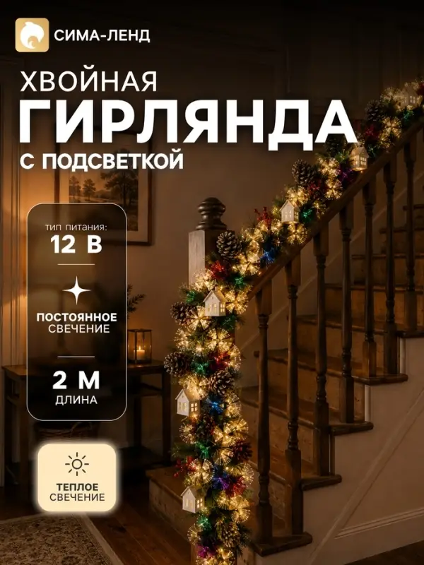 Хвойная гирлянда светодиодная &laquo;Вспышки&raquo; 200 см, автопереключение