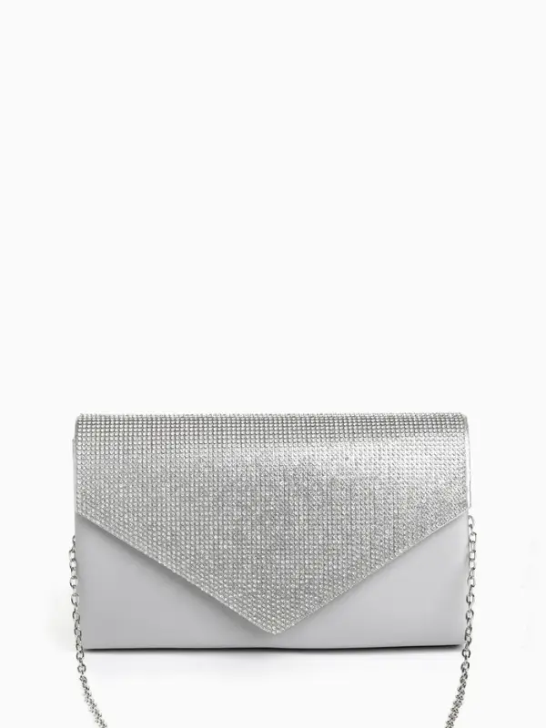 Сумка-клатч женская вечерняя на магните, на длинной цепочке, комбинированная, серая/серебристая