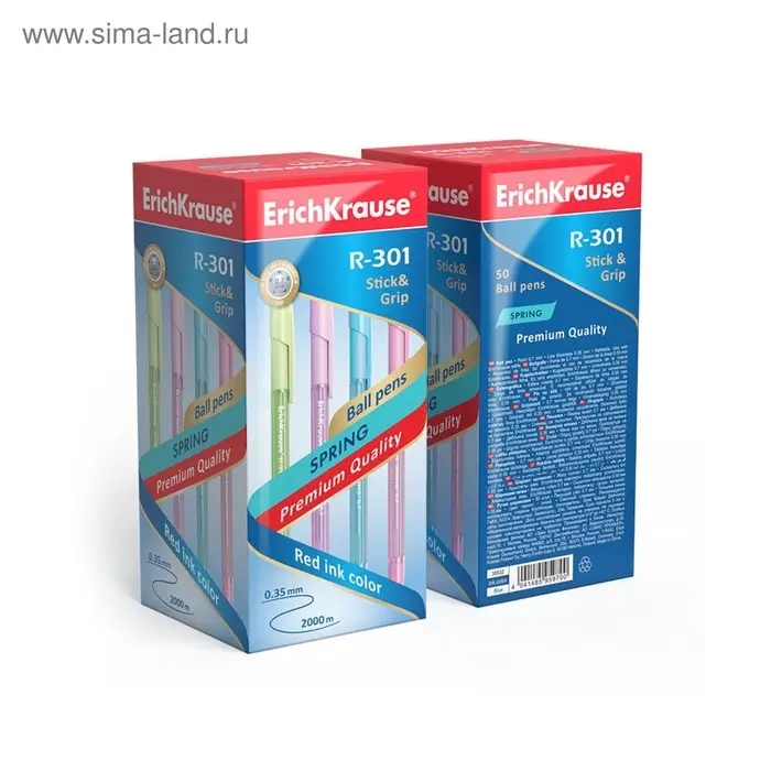 Ручка шариковая ErichKrause R=301 Spring Stick & Grip, узел 0.7 мм, синяя, резиновый упор, МИКС
