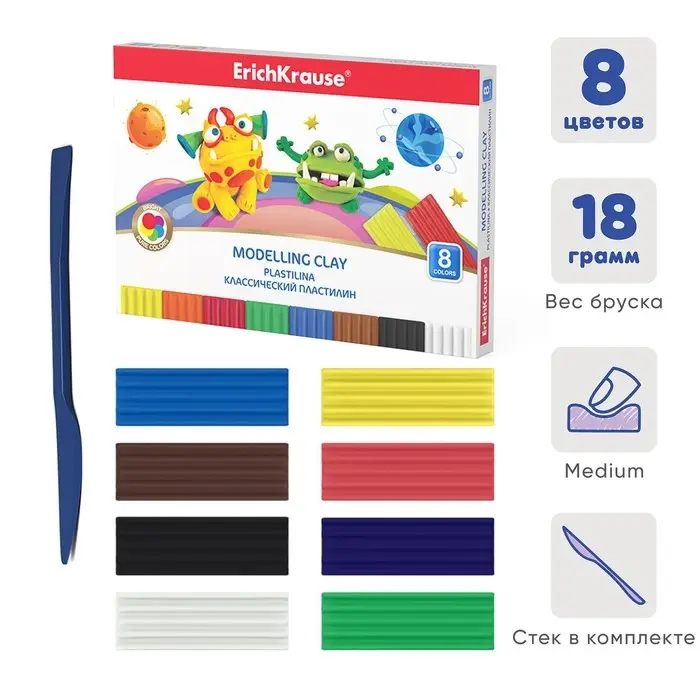 Пластилин 8 цветов 144г ErichKrause Cosmic Monsters, со стеком Пластилин 8 цветов 144г ErichKrause Cosmic Monsters, со стеком