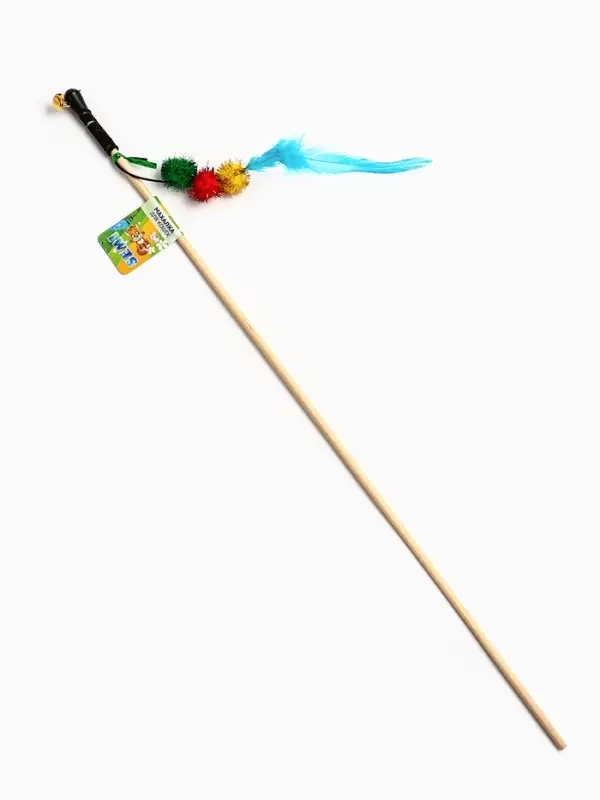 Дразнилка - удочка &laquo;Тройной мячик с перьями&raquo;, на деревянной палочке, цвет МИКС