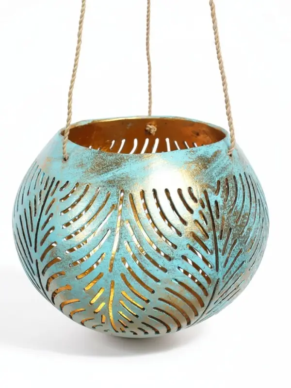 Подсвечник подвесной из кокоса, 14&times;14&times;10 см, бирюзово-золотой