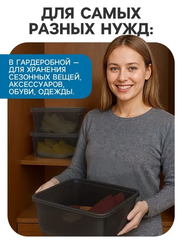 Ящик пластиковый для хранения, с крышкой, объём &mdash; 10 л, прозрачно-чёрный