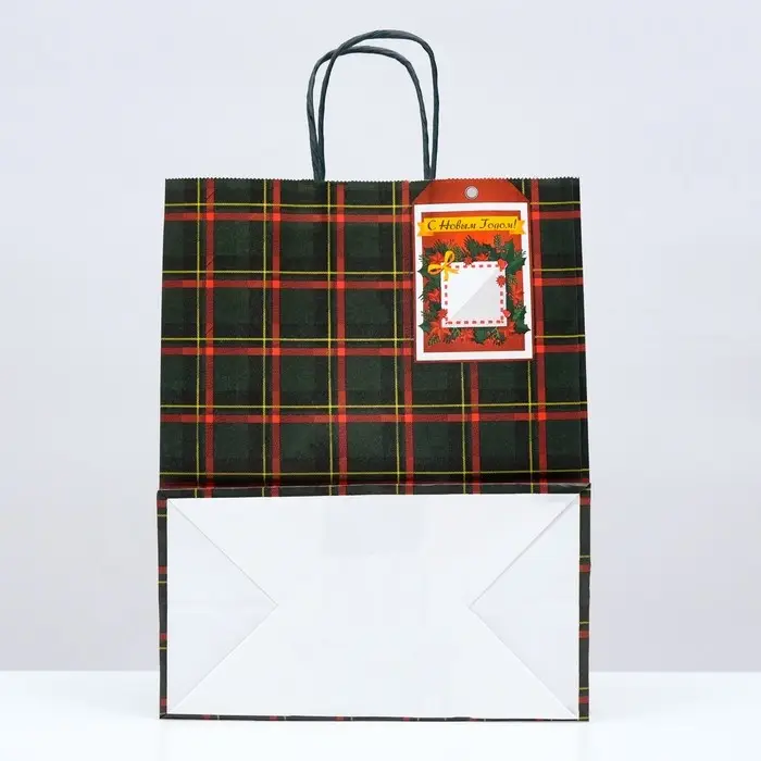 Пакет бумажный подарочный новогодний крафт «Зелёная клетка» 22×12×27 см Пакет бумажный подарочный новогодний крафт «Зелёная клетка» 22×12×27 см