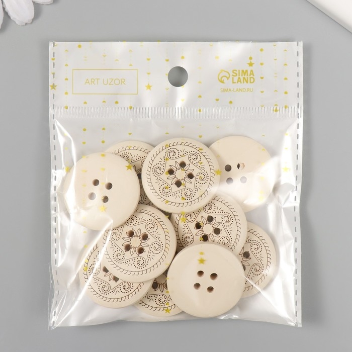 Пуговицы дерево для творчества 4 прокола Пуговицы дерево для творчества 4 прокола "Узоры" белая набор 10 шт 3х3 см