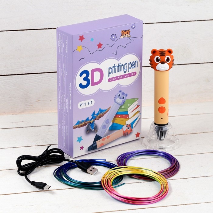 3D ручка Тигрёнок, работа с пластиком PLA, USB кабель питания, оранжевая 3D ручка Тигрёнок, работа с пластиком PLA, USB кабель питания, оранжевая