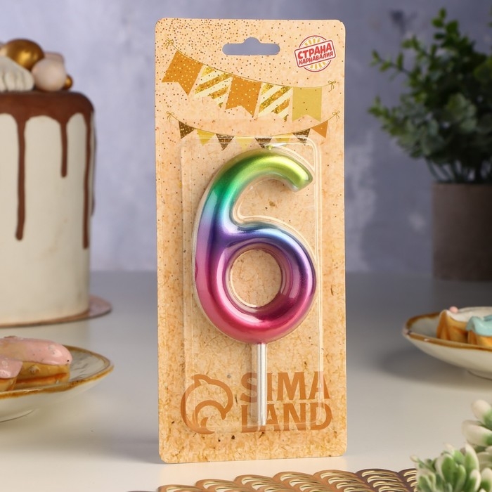 Свеча в торт  Свеча в торт "Акварель", цифра 6, 9 см, ГИГАНТ