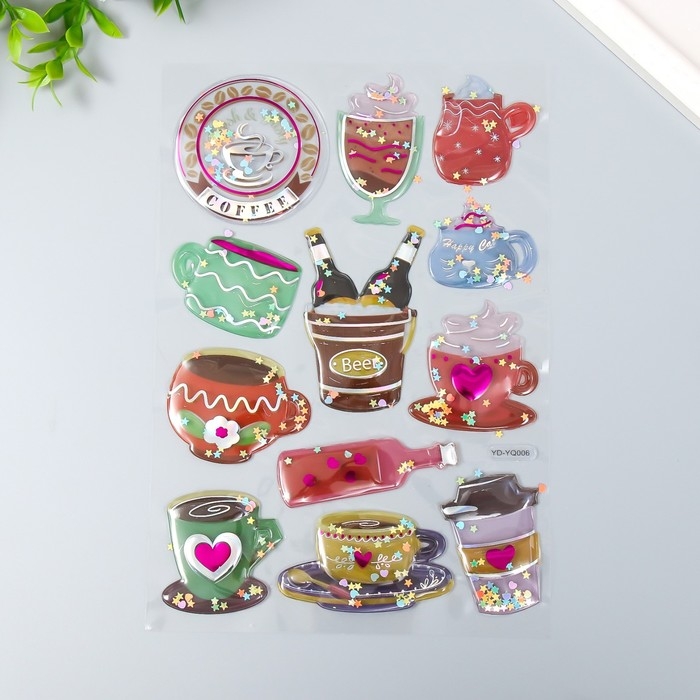 Наклейка пластик объёмные с глиттером Наклейка пластик объёмные с глиттером "Напитки/Десерты" золото/серебро МИКС