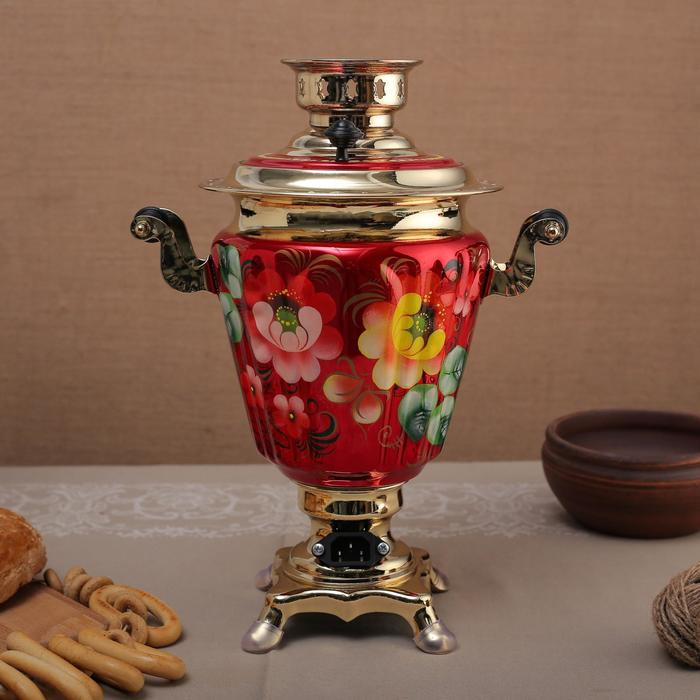 Самовар «Жостово на красном», рюмка, 3 л, электрический Самовар «Жостово на красном», рюмка, 3 л, электрический