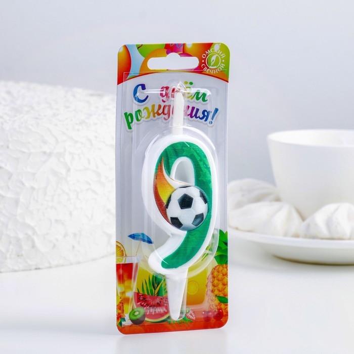 Свеча для торта "Футбольная", 10,2 см, зелёная цифра "9"