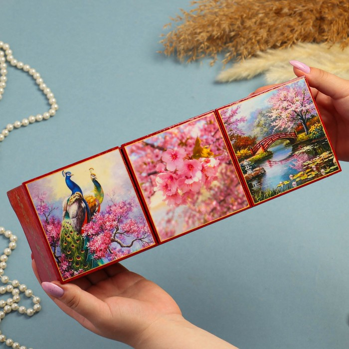 Шкатулка тройная «Сакура», розовая, лаковая миниатюра Шкатулка тройная «Сакура», розовая, лаковая миниатюра