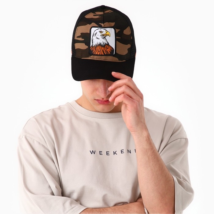 Кепка мужская с сеткой «Орел», цвет чёрный, р-р 56