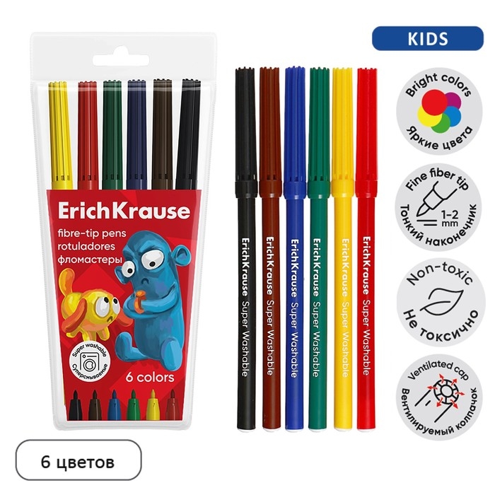 Фломастеры 6 цветов, ErichKrause,  Фломастеры 6 цветов, ErichKrause, "Jolly Friends Super Washable" микс