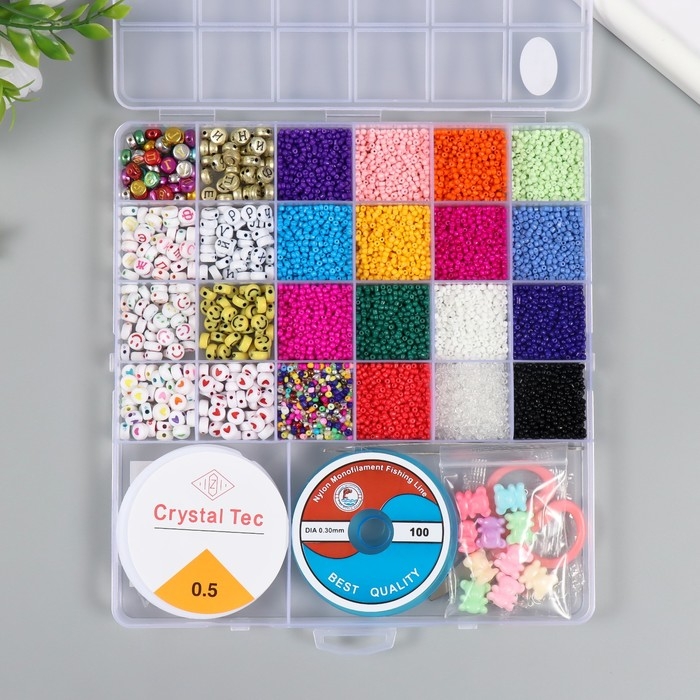 Бисер стекло 12/0 в шкатулке  Бисер стекло 12/0 в шкатулке "Яркий" бусины, леска, ножницы, пинцет 20х13х1,8 см