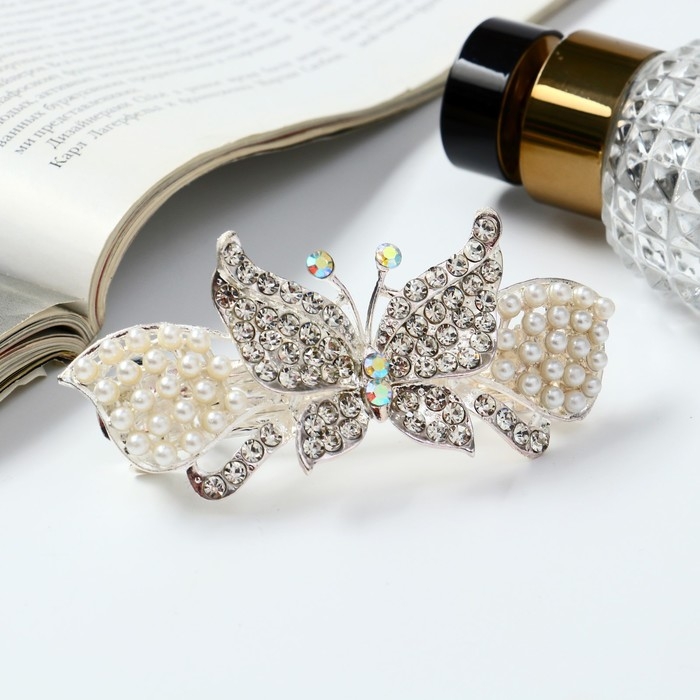 Заколка-автомат для волос Заколка-автомат для волос "Гелая" бабочка, 9 см, серебристо-белый