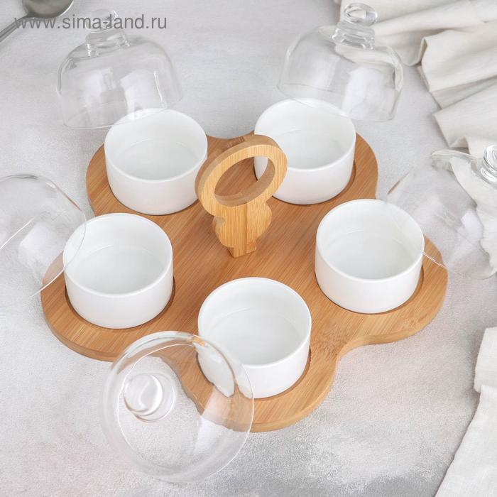 Набор соусников керамический на деревянной подставке «Эстет», 5 предметов, цвет белый Набор соусников керамический на деревянной подставке «Эстет», 5 предметов, цвет белый