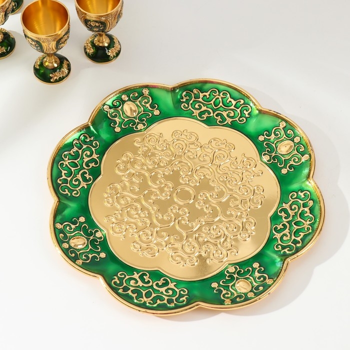 Набор винный кувшин, 6 бокалов и поднос  Набор винный кувшин, 6 бокалов и поднос "Турция. Цветы и узоры" зелёный с золотом