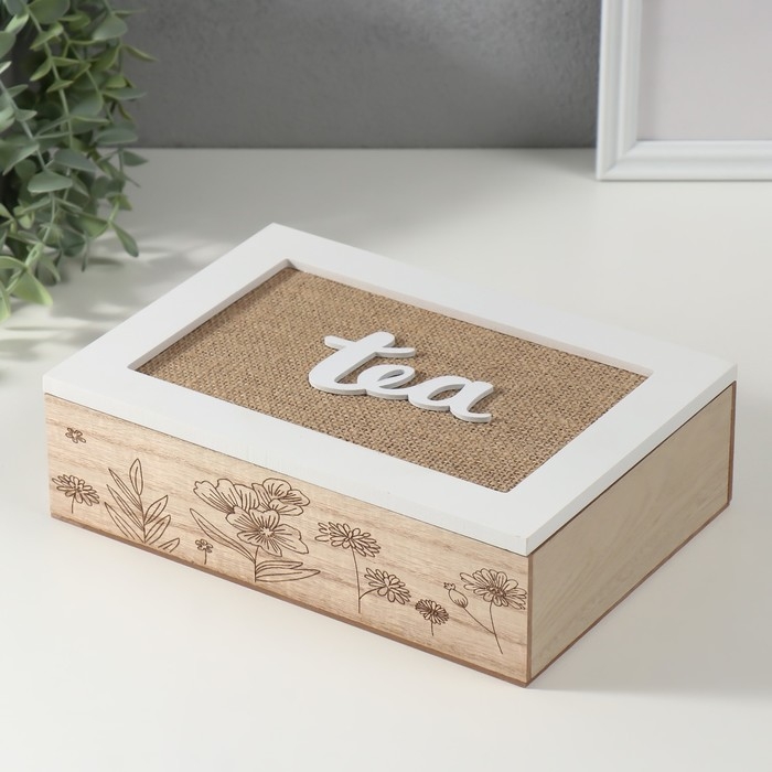 Шкатулка дерево 6 делений  Шкатулка дерево 6 делений "Полевые растения" мешковина 17х24х7 см