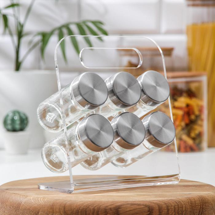Набор для специй из стекла на подставке «Модерн», 23×9×22 см, 90 мл, 4×9,5 см, 6 шт Набор для специй из стекла на подставке «Модерн», 23×9×22 см, 90 мл, 4×9,5 см, 6 шт