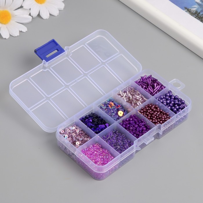 Бисер стекло 8/0, 12/0 в шкатулке  Бисер стекло 8/0, 12/0 в шкатулке "Фиолетовый" бусины, стеклярус и пайетки 13х6,5х2,3 см