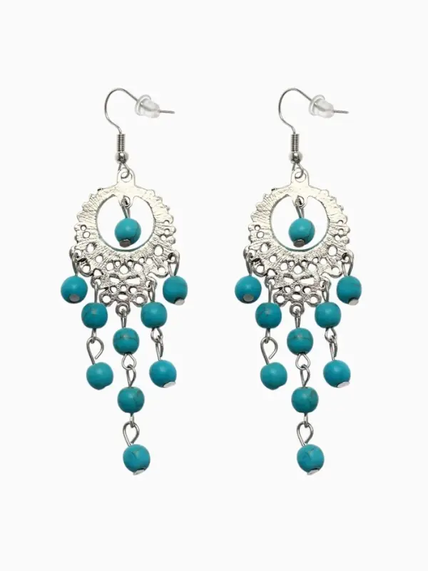 Серьги &laquo;Бирюзовый мир&raquo;, круг и 5 дорожек бусинок, голубые в чернёном серебре