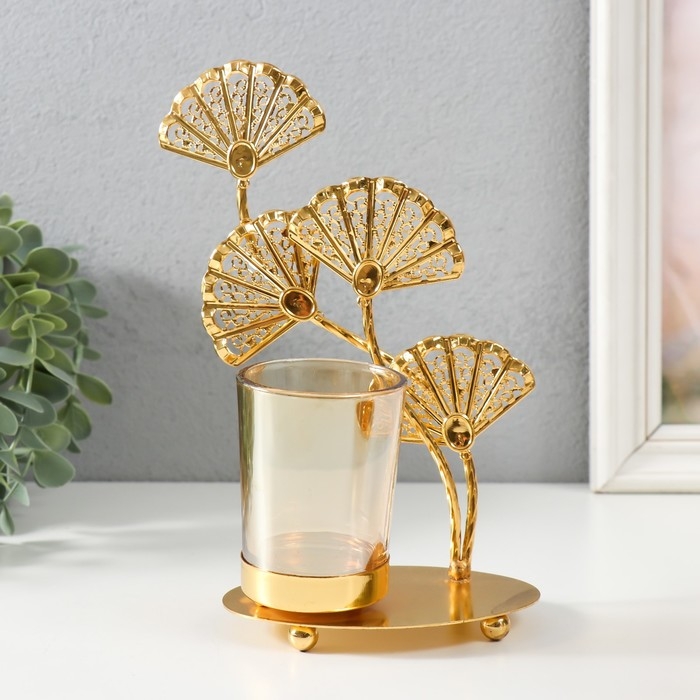 Подсвечник металл, стекло на 1 свечу Подсвечник металл, стекло на 1 свечу "Цветы-веера" d=4,7 см, золото 16,7х8х21,5 см