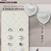 Серьги пусеты QF «Романтика», 4 пары, винтажное сердце, цвет белый в серебре
