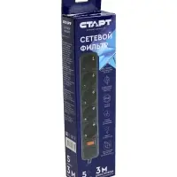 Фильтр сетевой СТАРТ, 5 розеток, 3 м, 2200 Вт, 10 А, заземление, выключатель, чёрный