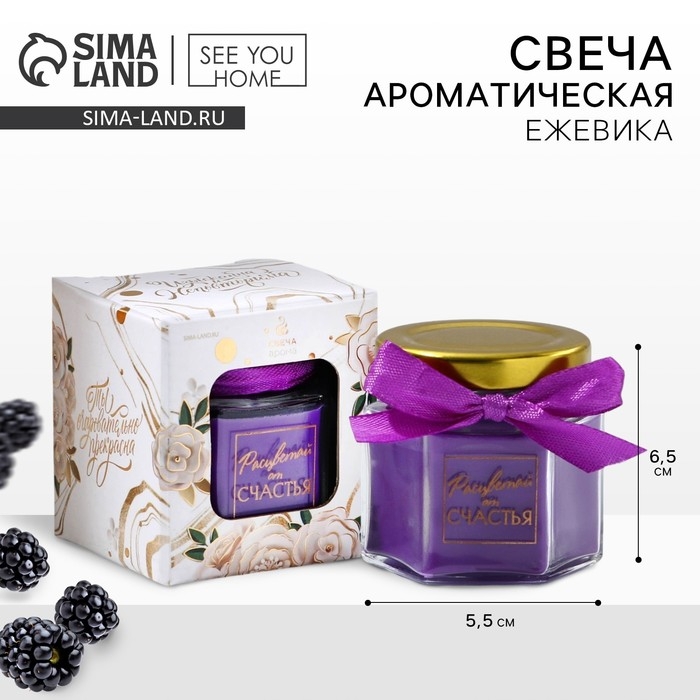 Свеча в банке  Свеча в банке "Расцветай от счастья", аромат ежевика, 6.5 х 5.5 х 5.5 см