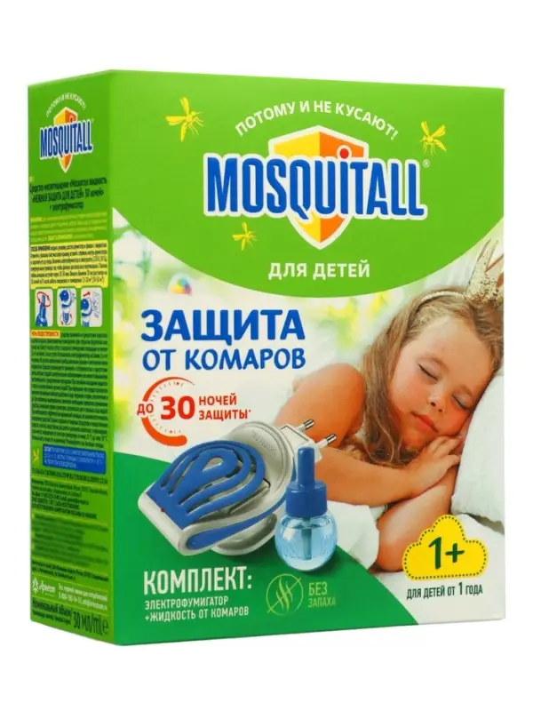 Комплект Mosquitall &laquo;Нежная защита для детей&raquo;, электрофумигатор + жидкость от комаров, 30 ночей, 30 мл