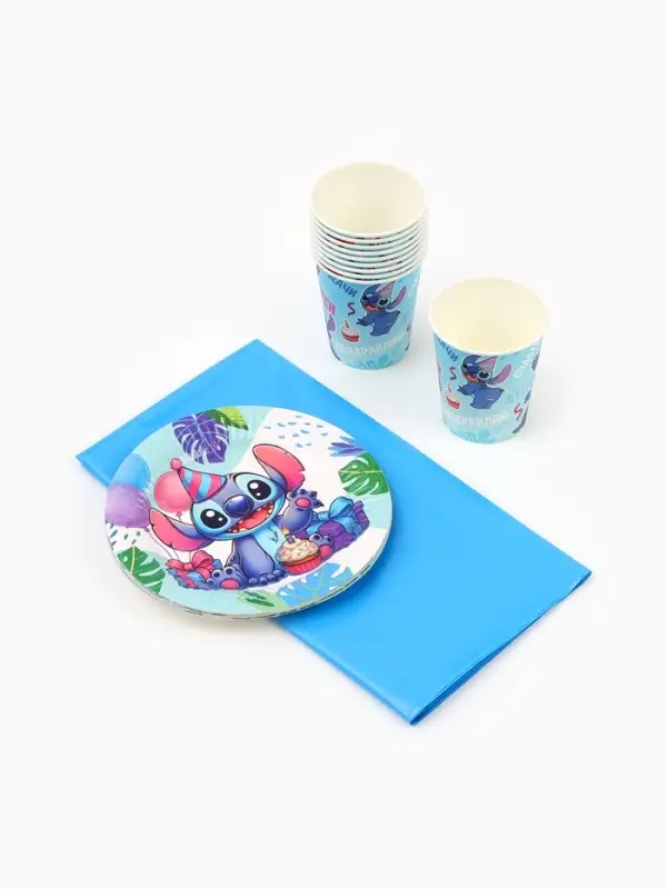 Посуда одноразовая бумажная на 10 персон: стаканы, тарелки, скатерть, Стич Посуда одноразовая бумажная на 10 персон: стаканы, тарелки, скатерть, Стич